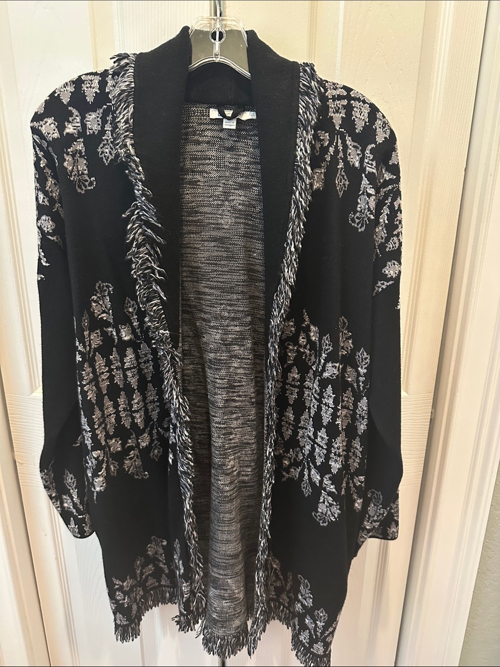 Chico's Black and Gray Fringe-Trim Open Cardigan